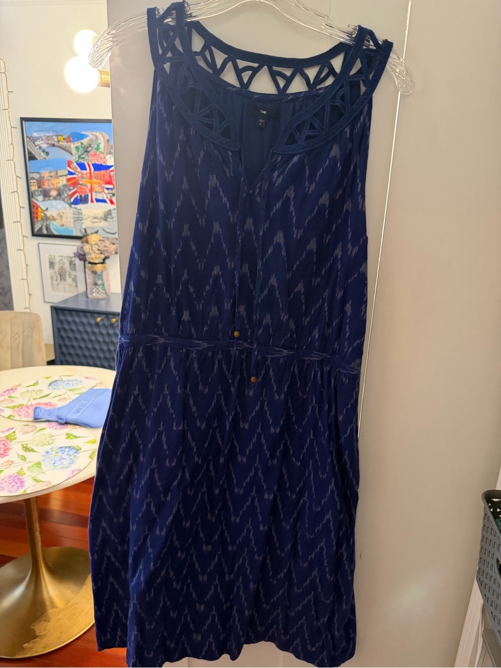 GAP Navy Blue Patterned Midi Dress with Cutout Yoke